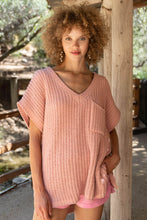 Load image into Gallery viewer, POL Rib-Knit V-Neck Slit High-Low Short Sleeve Sweater
