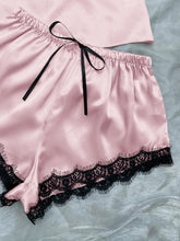 Load image into Gallery viewer, Lace Trim Cami, Shorts, Eye Mask, Scrunchie, and Bag Pajama Set
