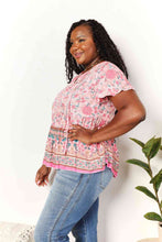 Load image into Gallery viewer, Double Take Bohemian Decorative Button Tie-Neck Peplum Blouse
