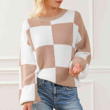 Load image into Gallery viewer, Checkered Round Neck Drop Shoulder Long Sleeve Sweater
