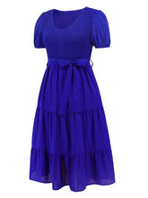 Load image into Gallery viewer, Smocked Tie Front Short Sleeve Tiered Dress

