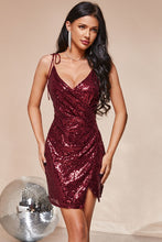 Load image into Gallery viewer, Sequined Tie-Shoulder Tulip Hem Mini Dress
