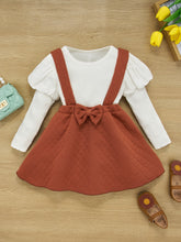 Load image into Gallery viewer, Girls Two-Tone Ribbed Top and Bow Pinafore Skirt Set
