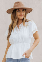 Load image into Gallery viewer, Lace Trim V-Neck Tied Peplum Blouse

