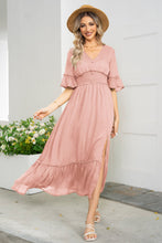Load image into Gallery viewer, V-Neck Flounce Sleeve Smocked Waist High Slit Dress
