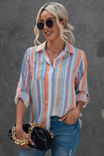 Load image into Gallery viewer, Striped Button-Up Curved Hem Shirt with Breast Pocket
