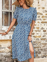 Load image into Gallery viewer, Floral Round Neck Split Midi Dress
