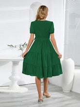 Load image into Gallery viewer, Smocked Tie Front Short Sleeve Tiered Dress

