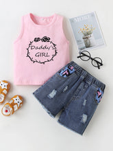 Load image into Gallery viewer, DADDY&#39;S GIRL Graphic Tank and Raw Hem Denim Shorts Set
