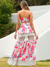Load image into Gallery viewer, Floral Tie Front Cropped Top and Spliced Lace Skirt Set
