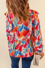 Load image into Gallery viewer, Brush Stroke Ruffled Tie Neck Blouse

