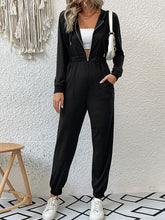 Load image into Gallery viewer, Zip Up Elastic Waist Hooded Jogger Jumpsuit
