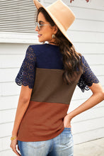 Load image into Gallery viewer, Color Block Spliced Lace Buttoned Tee
