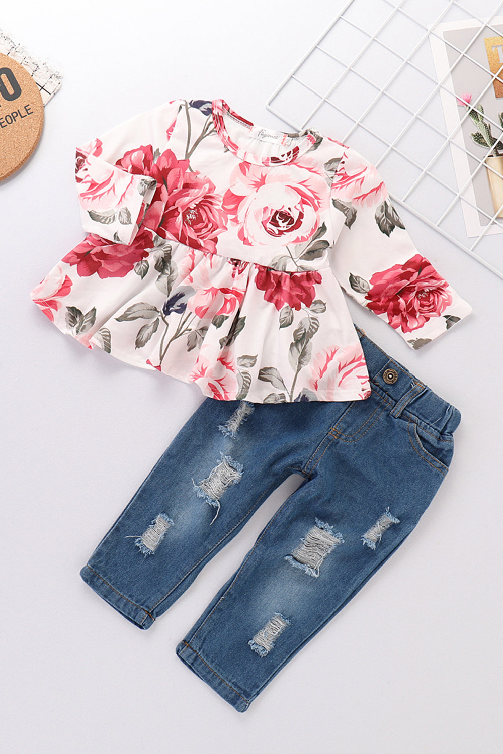 Girls Floral Top and Jeans Set