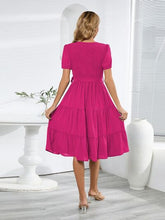 Load image into Gallery viewer, Smocked Tie Front Short Sleeve Tiered Dress

