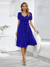 Load image into Gallery viewer, Smocked Tie Front Short Sleeve Tiered Dress
