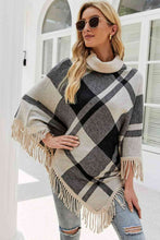 Load image into Gallery viewer, Plaid Turtleneck Fringe Hem Poncho
