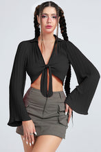 Load image into Gallery viewer, Tie Front Johnny Collar Flare Sleeve Cropped Top
