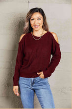Load image into Gallery viewer, Double Take Round Neck Cold-Shoulder Ribbed Sweater
