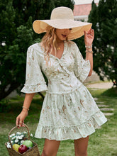 Load image into Gallery viewer, Printed Frill Trim Lace-Up Flare Sleeve Mini Dress

