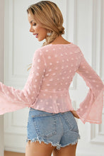 Load image into Gallery viewer, Swiss Dot Drawstring Detail Flare Sleeve Peplum Top
