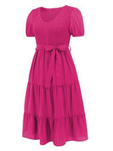 Load image into Gallery viewer, Smocked Tie Front Short Sleeve Tiered Dress
