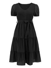 Load image into Gallery viewer, Smocked Tie Front Short Sleeve Tiered Dress
