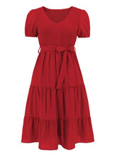 Load image into Gallery viewer, Smocked Tie Front Short Sleeve Tiered Dress
