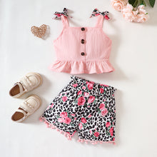 Load image into Gallery viewer, Decorative Button Ruffled Tank and Leopard Floral Shorts Set
