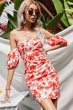 Load image into Gallery viewer, Off-Shoulder Floral Print Balloon Sleeve Dress

