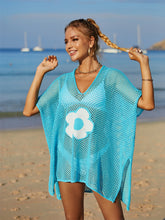 Load image into Gallery viewer, Openwork Flower V-Neck Short Sleeve Cover Up
