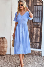Load image into Gallery viewer, Gathered Detail Buttoned V-Neck Midi Dress
