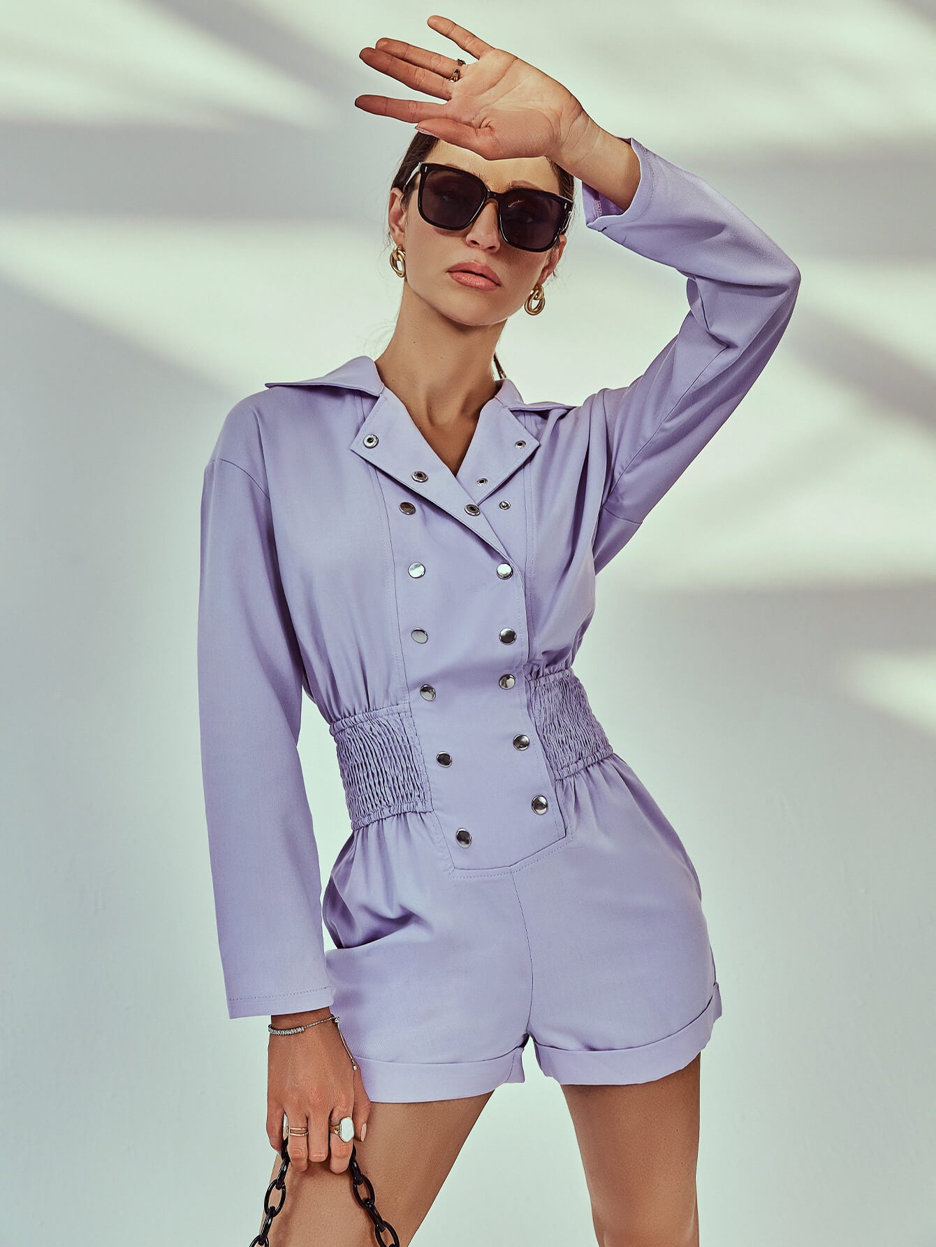 Buttoned Lapel Collar Smocked Romper