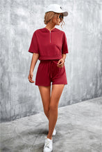 Load image into Gallery viewer, Half Zip Cropped Hooded T-Shirt and Shorts Set
