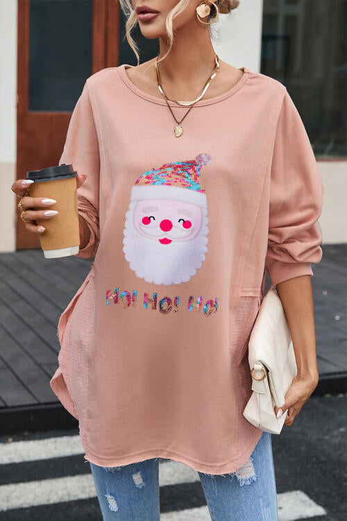 Sequin Santa Round Neck Slit Blouse