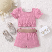 Load image into Gallery viewer, Kids Textured Bow Detail Top and Belted Shorts Set
