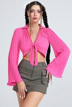 Load image into Gallery viewer, Tie Front Johnny Collar Flare Sleeve Cropped Top
