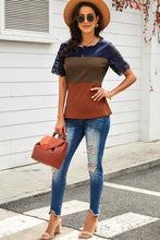 Load image into Gallery viewer, Color Block Spliced Lace Buttoned Tee
