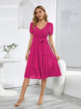 Load image into Gallery viewer, Smocked Tie Front Short Sleeve Tiered Dress
