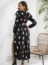 Load image into Gallery viewer, Printed Tie Front Ruffle Trim Long Sleeve Dress
