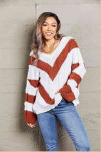 Load image into Gallery viewer, Woven Right Chevron Cable-Knit V-Neck Tunic Sweater
