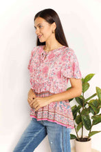 Load image into Gallery viewer, Double Take Bohemian Decorative Button Tie-Neck Peplum Blouse

