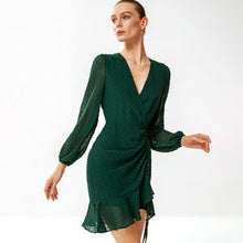 Load image into Gallery viewer, Swiss Dot Ruched Asymmetrical Ruffle Hem Dress
