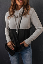 Load image into Gallery viewer, Two-Tone Waffle-Knit Drawstring Cowl Neck Sweatshirt
