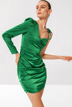 Load image into Gallery viewer, Satin Asymmetrical Neck Ruched Bodycon Dress
