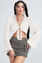 Load image into Gallery viewer, Tie Front Johnny Collar Flare Sleeve Cropped Top
