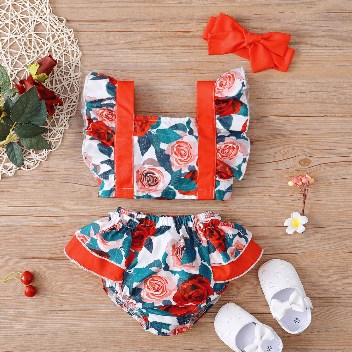 Baby Girl Floral Ruffled Crop Top and Bloomer Set