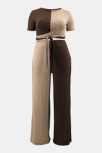 Load image into Gallery viewer, Plus Size Two-Tone Tie Front Top and Pants Set with Pockets
