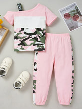 Load image into Gallery viewer, Girls Color Block Printed Cold-Shoulder Tee and Joggers Set
