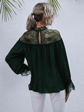Load image into Gallery viewer, Semi-Sheer Lace Trim Mock Neck Blouse
